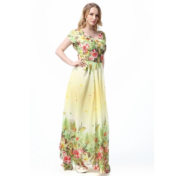 Floral Summer Dress Yellow & Light Green Chiffon Plus Size Dresses Short Sleeve - Picture 6 of 9